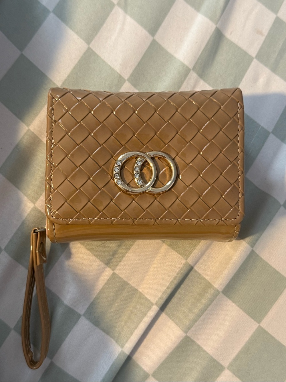 Woven Patent Wristlet Wallet - Tan